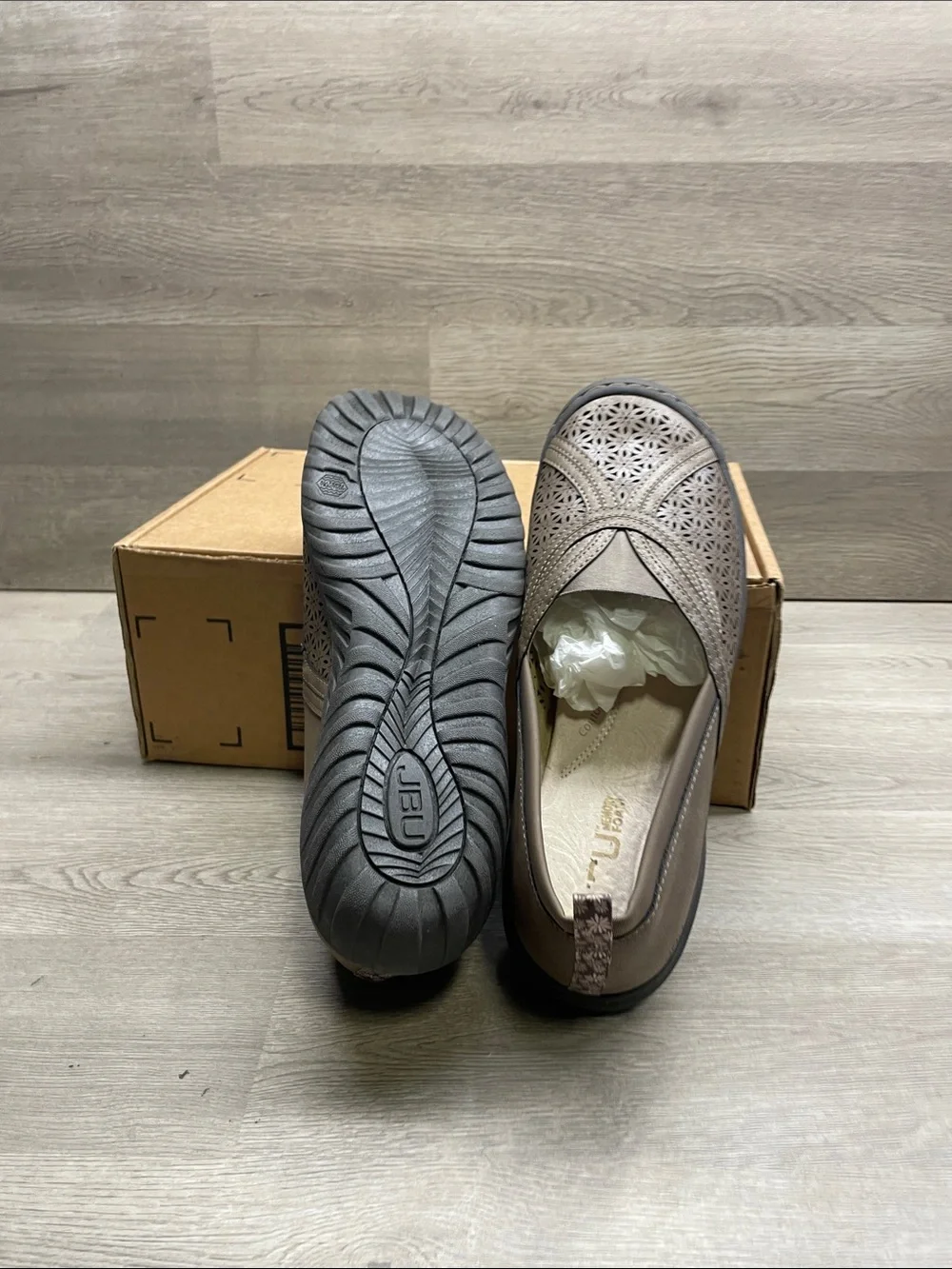 JBU Women's Taupe Laser-Cut Slip-On Loafers #469